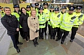 TfGM TravelSafe Partnership Manager, John Fryer, Managing Director at KeolisAmey Metrolink, Aline Frantzen and Deputy Mayor for Policing and Crime, Beverley Hughes with the Travelsafe Partnership PCSOs 