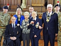 Paul Stewart; Wayne Rostron, president Rochdale Veterans Breakfast Club; Christine Duckworth, Mayoress of Rochdale; Annie Wild; Caen Matthews, Rochdale Borough Council; William Wild; Councillor Ian Duckworth, Mayor of Rochdale; Joe Riley