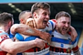 Hornets players celebrate the win against Dewsbury Rams