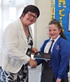 Councillor Janet Emsley with prize winner Sarah Pugh of Parkfield Primary School, Middleton