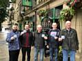 Flying Horse landlord Ben Boothman, Trust Membership Officer Scott Goulding, Trust Chairman David Gartside, Dale DJ Eden Bearshaw, British Beermat Collectors Society Trustee Geoff Kindon