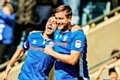 Ian Henderson congratulates Steven Davies on his goal for Rochdale