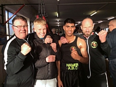 Aeron Maddocks and Monir Miah with coaches Frank Maddocks and Steven Connellan