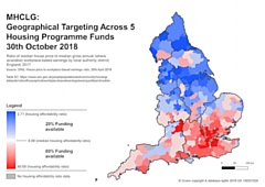 Colour-coded map which demonstrates the imbalance of the funding proposal, with only three areas north of the M62 in receipt of significant investment