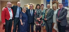 Alan Calow, Geoff Poulton, Doreen Stott, Councillor Peter Rush, Rebecca Ward-Doaley (Area Manager), Dulcie Bolton (Chair of Parkinson’s Rochdale) Mayor Mohammed Zaman, Monica Rush and Treasurer Paul Wood.