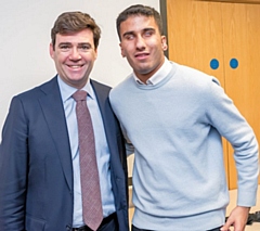 Mayor of Greater Manchester Andy Burnham with England and Liverpool Blind Football player Azeem Amir from Rochdale