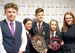 Siddal Moor 2017-18 Head boy and girl Gareth Payne and Abbie Evans with 2018-19 Head boy Robert Loeb and deputy Head Girls Georgia Palmer and Madison Crux