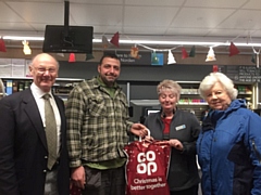 Paul Ellison with Councillor Jim Gartside (left) and his wife, Jane (far right), and Co-op store manager, Sharon Leighton