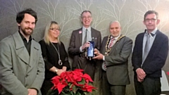 Matt Turtle (founder of the Homeless Museum), Collette Heaton-Sudell (Limes Managing Director), John Priestley (centre) with Mayor Zaman and Peter Hurley (Limes support worker)