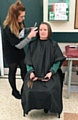 Bakery Manager Karen Knight having her hair shaved by Hair by Sophie Claire