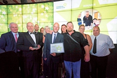 Dadly Does It, left to right: Andrew Foster, the Dadly Does it Team, Arjun Sikand, Health Innovation Manchester, who sponsored the award and Annabel Tiffin