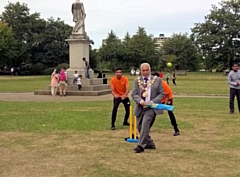 Mayor Mohammed Zaman plays cricket at the Big Games