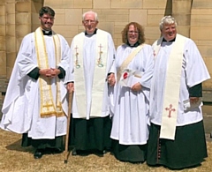 The family Gilbert: Rev Anne Gilbert at her ordination with (left to right) nephew, Rev Sean Gilbert, her father, Rev Fred Gilbert and her brother, Rev Canon Mark Gilbert