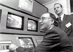 Tory MP Michael Howard at Rochdale Exchange with Mike Matthews who was manager from 1996 until 1999 