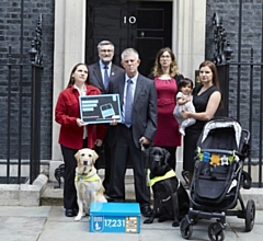 Jessica Leigh, Campaigns manager at Guide Dogs and Joe Irvin, Chief Executive at Living Streets are joined by guide dog owners Emma (her dog, Ivy), Simon (his dog, Lemar) and parent Vicky Sherwood and daughter Edith