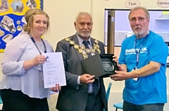 Emma Parke from Diabetes UK, the Mayor of Rochdale Mohammed Zaman and Henry Gerber with his Inspire Award from Diabetes UK