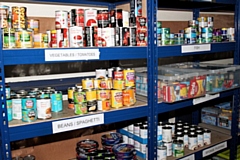 Some of the shelves at Rochdale Foodbank following harvest donations in 2018