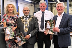 Real Rochdale editor Claire Flett, Mayor Mohammed Zaman, Jones & Brooks Printers managing director Ronnie Blair and Tony Lloyd MP