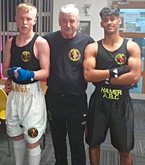 L-R: Aeron Maddocks, Hamer coach Alan Bacon and Faisal Khan