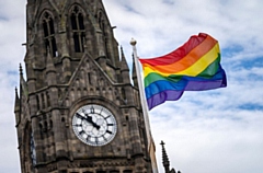 The rainbow flag flying at Rochdale Town Hall