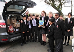 St Cuthbert's RC High School students with food for the Foodbank