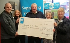 Steve Parkinson, Co-op Food Store Manager: Bev Place, Pioneer Member; Duncan Heath and Kath Sharp, Cutgate Bowling Club and Bobbie Jones, Co-op Funeralcare