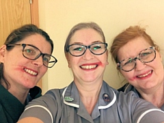 Amanda Storey, gynaecology Macmillan nurse with colleagues Tracey Dixon and Julie Dale. All the ladies have smeared their lipstick