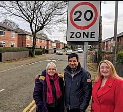 Councillor Wendy Cocks and Faisal Rana with Spotland resident Rachel Massey