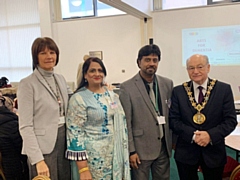 Kim Wrigley (Dementia United), Tasneem Akhtar (volunteer), Mohammed Sarwar (CEO), Mayor Councillor Billy Sheerin