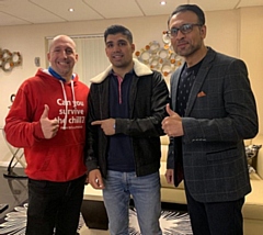 Boxer Muhammad Ali has signed a new sponsorship with Pain Solutions, pictured with CEO of Pain Solutions, Timothy Case, and manager Asad Shamim