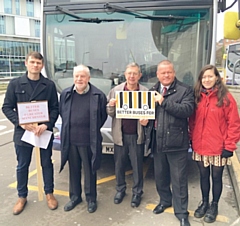 Campaigners and councillors at Rochdale bus station: Andrew Pollitt, Rochdale Council Leader Allen Brett, John Wilkins, Councillor Phil Burke, Pascale Robinson 