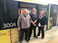 Driver Ady Leigh and KeolisAmey Metrolink Customer Service Representatives Lee Griffiths and Lu Ann Haslam