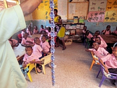 A teacher showing the children at Mikoroshoni the biscuits provided by the Parkfield children 