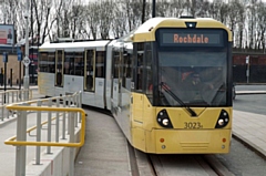 A Metrolink tram to Rochdale at Rochdale train station