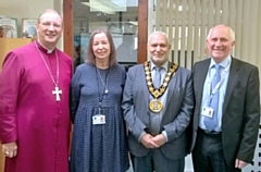 (L-R) The Bishop of Middleton, Mark Davies, Headteacher of St Andrews Primary School, Mrs J A Rainford, Mayor Mohammed Zaman and councillor Ashley Dearnley at the opening of the first floor extension at St Andrew's School, Dearnley