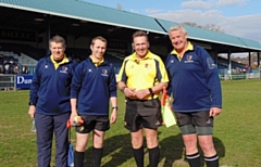 Mike Keiley, in the yellow, with his fellow officials in his first home international as England's Deaf side defeated Wales Deaf side 