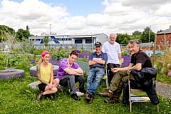 Rachael Bennion (left) with Petrus service users at Petrus Incredible Edibles Rochdale (PIER)