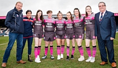 L-R: David Chrimes, Sophie Cox, Hornets Women players and Chairman of Rochdale Hornets, Peter Rush