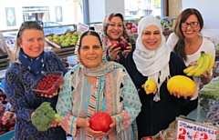 Vicky Lomax from Jamboree Arts, Shamin Akhtar, Barbar Pervez and Badou Parveez from Strawberry Garden, with Jayne May, Rochdale BID Project Executive from Rochdale Town Centre Management