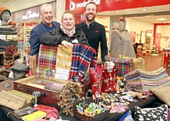 Rochdale Exchange Shopping Centre manager, Lorenzo O’Reilly with Paul Ambrose, Town Centre Manager and Joanna Jones, selling her gorgeous range of scarves helping to raise money and awareness for Heart Ormand Street Hospital