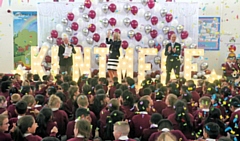 Mayor Billy Sheerin and Councillor Kieran Heakin at Kentmere Academy presenting Headteacher, Mrs Sarah Isberg with the Pearson Silver Teaching Award trophy 