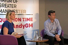 Andy Burnham at Question Time event in Rochdale with host Hannah Miller