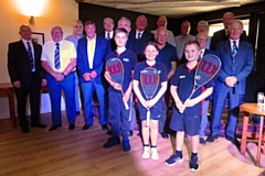 Rochdale Junior Squash Club - Adam Curran, Max Davis and Daisy with the Rochdale Hornets Ex-players Association