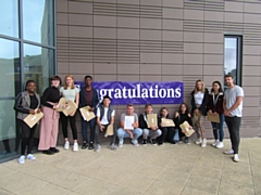 Left to right: Oluwanifemi Adewole, Isobel Smith, Emma Dickson, Newton Omoruyi, Abel Castaneda Rodriguez, Jack Dean, Joe Dixon, Kieran McClay, Wiktoria Kozlowska, Chloe Bebbington, Shan Lan, Mr Duffy [maths teacher]