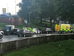 Car collides with council street sweeper, Spotland Road