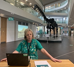 Helen Seymour, education officer for Dippy On Tour, gets ready for a Zoom session with Dippy