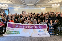 Future Directions staff and clients celebrating an Outstanding CQC rating in January 2020