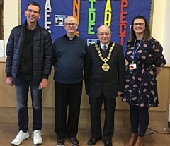 Former pupil Thomas Ingham (far left), Father Michael Johonnett (middle), Mayor Billy Sheerin (right) and headteacher Laura Bolton