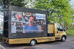 The van displaying a still from the messaging which will be played