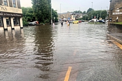 Flash flooding in Milnrow at the junction of Bridge Street, Dale Street and Kiln Street in June 2020